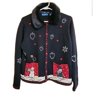 Karen Scott Womans Christmas Cardigan Snowmen Sweater ButtonUp Fur Collar Large